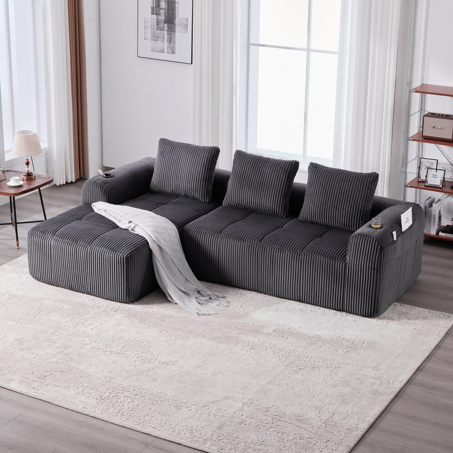 ANYSUN Ecksofa Modulares L-förmiges Ecksofa mit Schlaffunktion, mit Seitentasche und Getränkehalter.extra tiefer Sitzfläche, Sofa 3 Sitzer mit Ottomane, Sektionssofas für Wohnzimmer,Arbeitszimmer