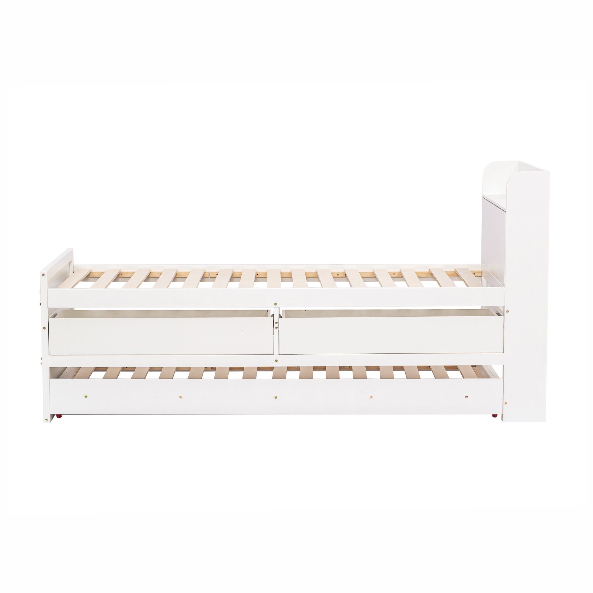 Massivholzbett (Stauraumbett, Kinderbett 90x190cm), mit 2 Schubladen, Stauraumfach, USB Ladefunktion und Ausziehbett