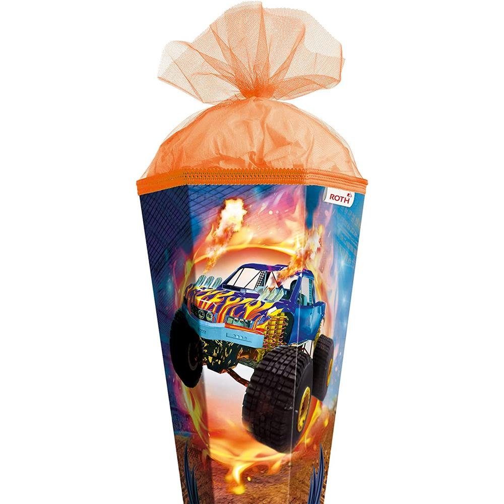 Roth Schultüte Monstertruck Fire, 100 cm, eckig, orangefarbener Tüllverschluss, für Schulanfang
