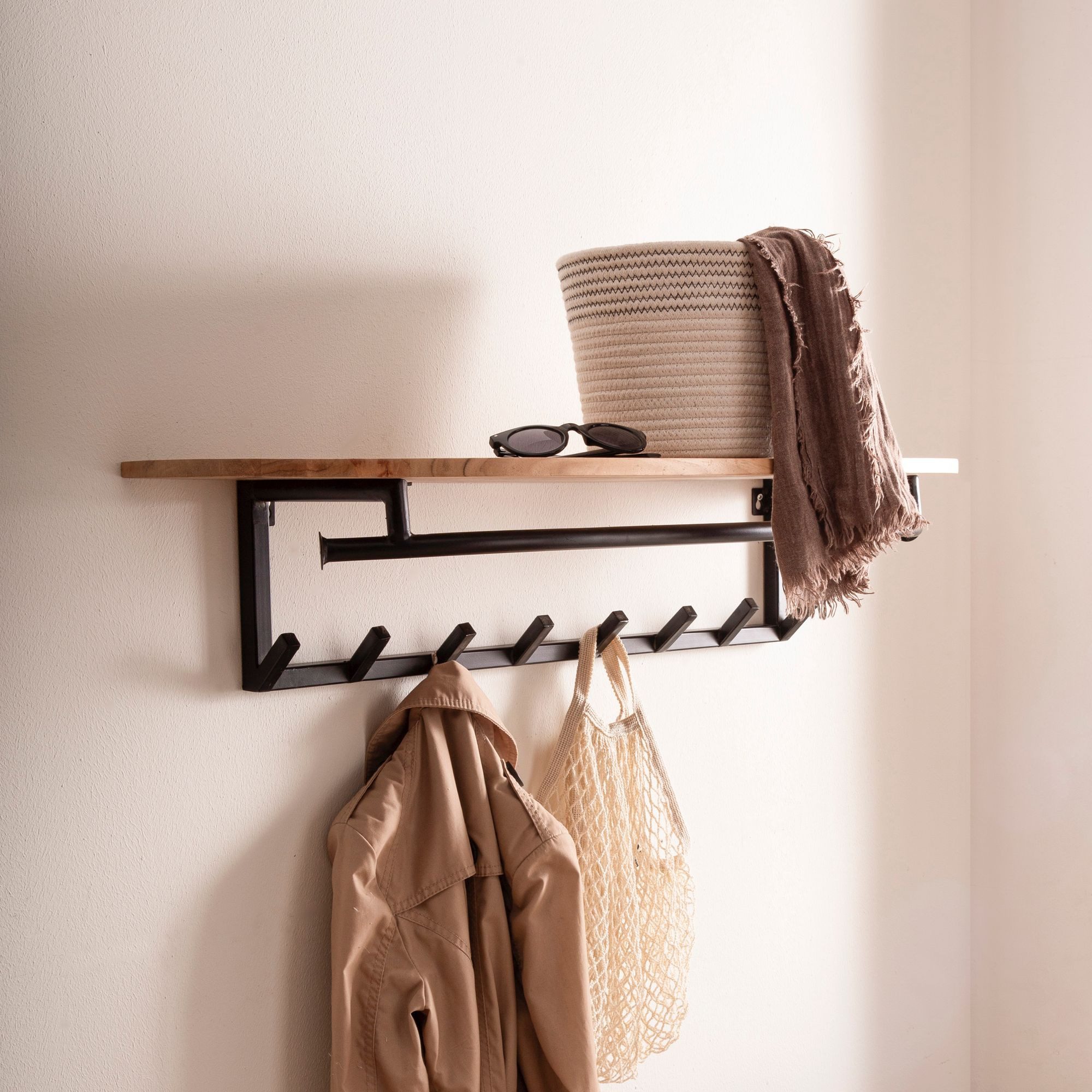 FINEBUY Wandgarderobe FB113030 Akazie Massivholz 100cm Garderobe mit Ablage Industrial (Moderne Wandgarderobe aus Massivholz), Praktische Garderobe mit Haken