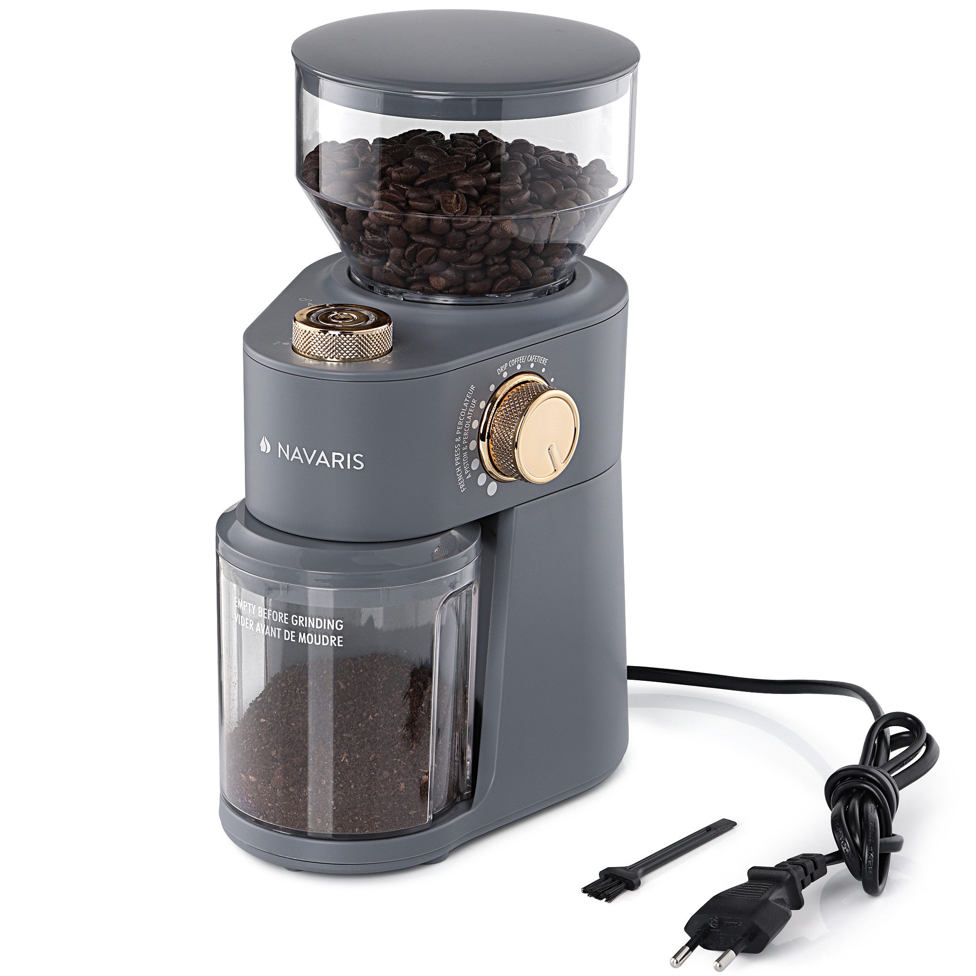 Navaris Kaffeemühle Elektrische Kaffeemühle mit Edelstahl Scheibenmahlwerk - 200W - Grau
