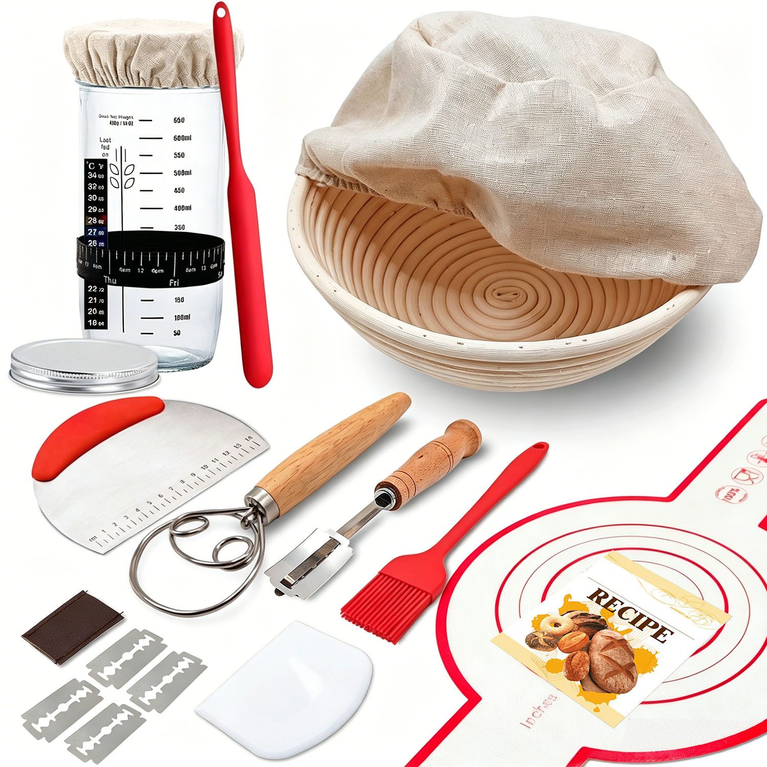 SURFOU Gärkorb 10-tlg Sauerteig Starter Set, Sauerteig Zubehör mit Gärkörbchen Rund, (Komplettset zum Brotbacken mit Rattan Gärkorb, Starterglas, Brotmesser und Zubehör für Anfänger und erfahrene Hobbybäcker 1-tlg)