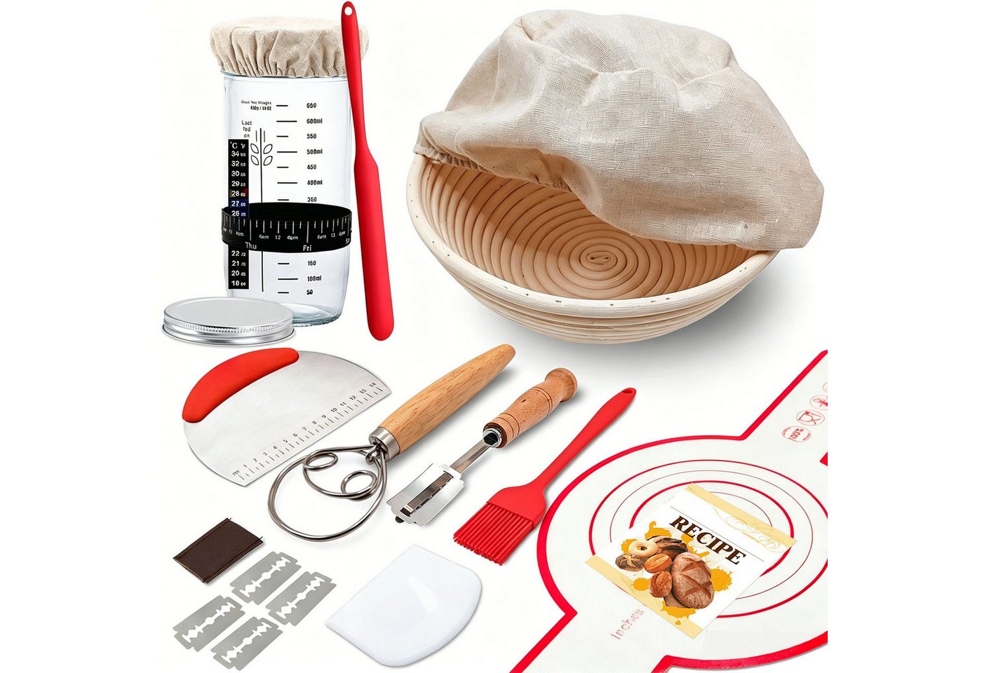 SURFOU Gärkorb 10-tlg Sauerteig Starter Set, Sauerteig Zubehör mit Gärkörbchen Rund, (Sauerteig Starter Set Komplett Set zum Brotbacken mit Rattan Gärkorb, Starterglas, Brotmesser und Zubehör für Anfänger und erfahrene Hobbybäcker 1-tlg)