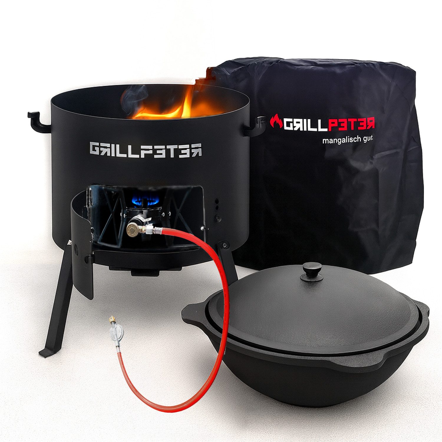Grillpeter Holzkohlegrill Utschak Nurlan Ø45 cm mit Kazan 16L Gaskocher und Abdeckhaube