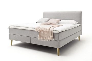 möbelando Boxspringbett Greta, Boxspringbett Greta mit Stoffbezug Porto hellgrau, Liegefläche 160x200 cm, Kopfteil glatt, Holzfuß eichefarbig