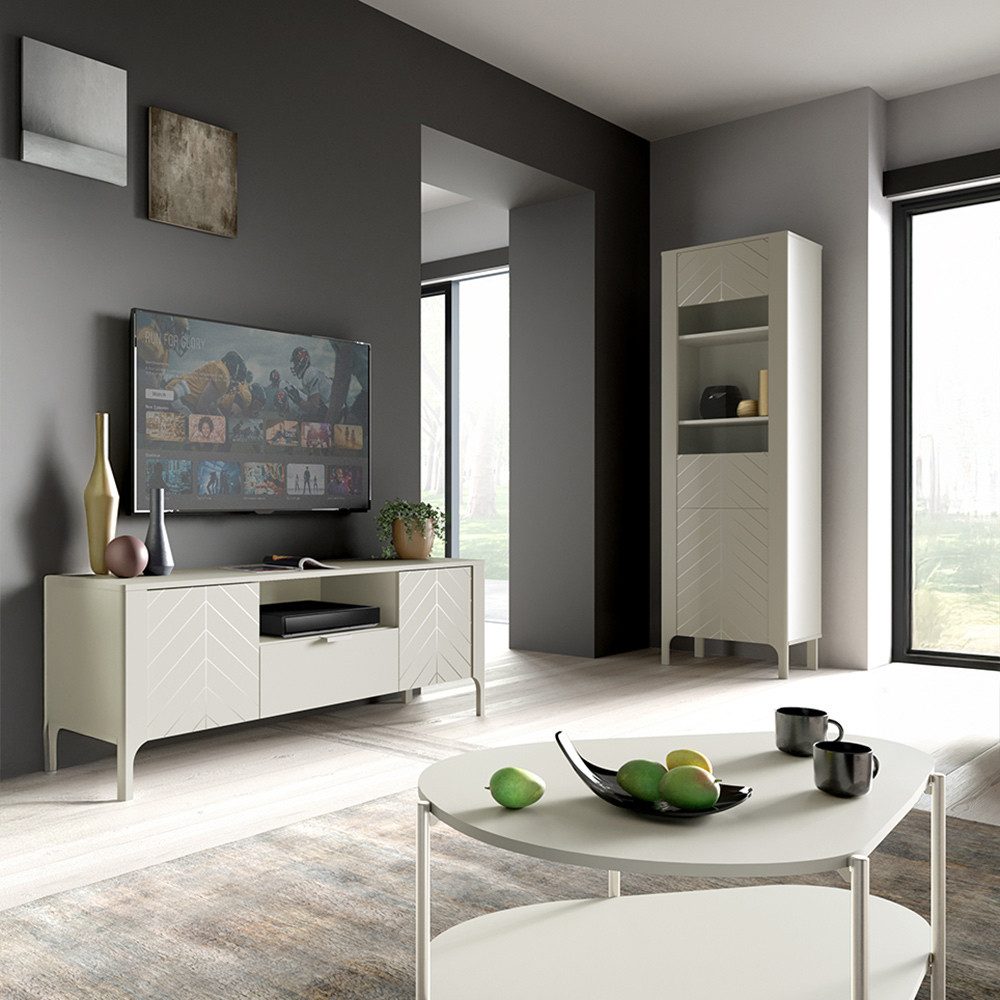 Lomadox Wohnzimmer-Set MAZARA-161, (Mega-Spar-Set, 3-St., Vitrine Lowboard Couchtisch), Wohnwand mit Fischgrät Dekor, Push-to-Open und Softclose-Funktion