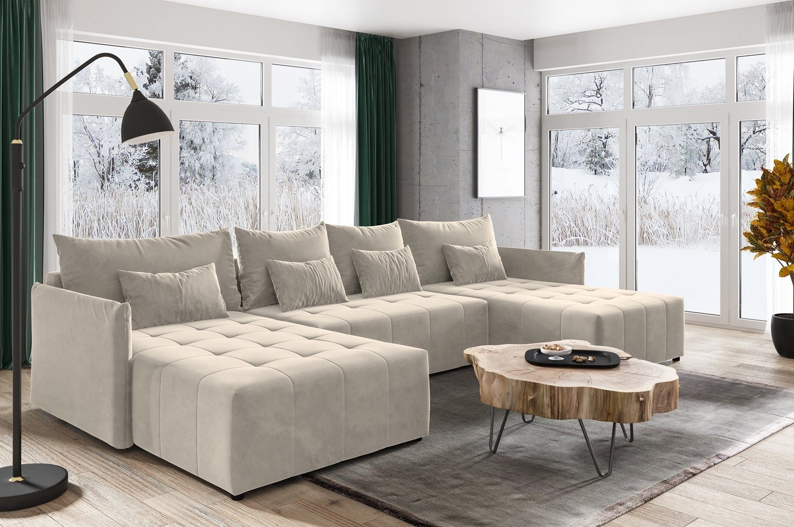 und Bettkasten Ecksofa Schlaffunktion Schlaffsofa U Velour mit Ecksofa beige Beautysofa Ben