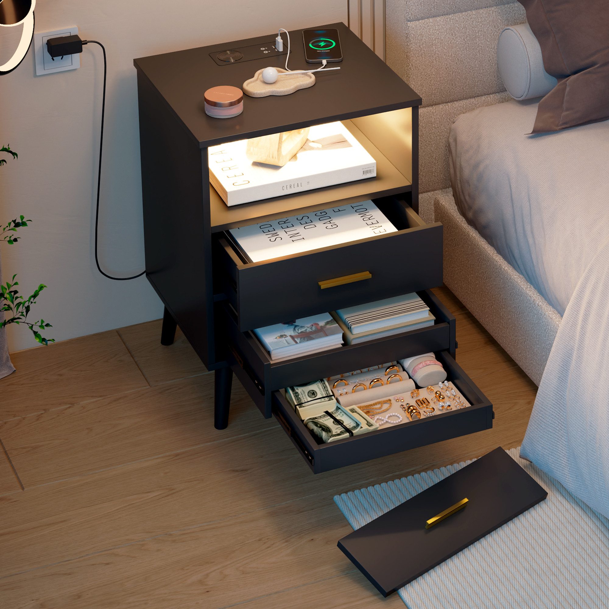 LVSOMT Nachttisch mit Geheimfach und LED, Drahtloses Laden, USB, Type-C (1-St., mit zwei Schubladen und einer versteckten Schublade), 40T x 45B x 65H, weiß/schwarz/grau