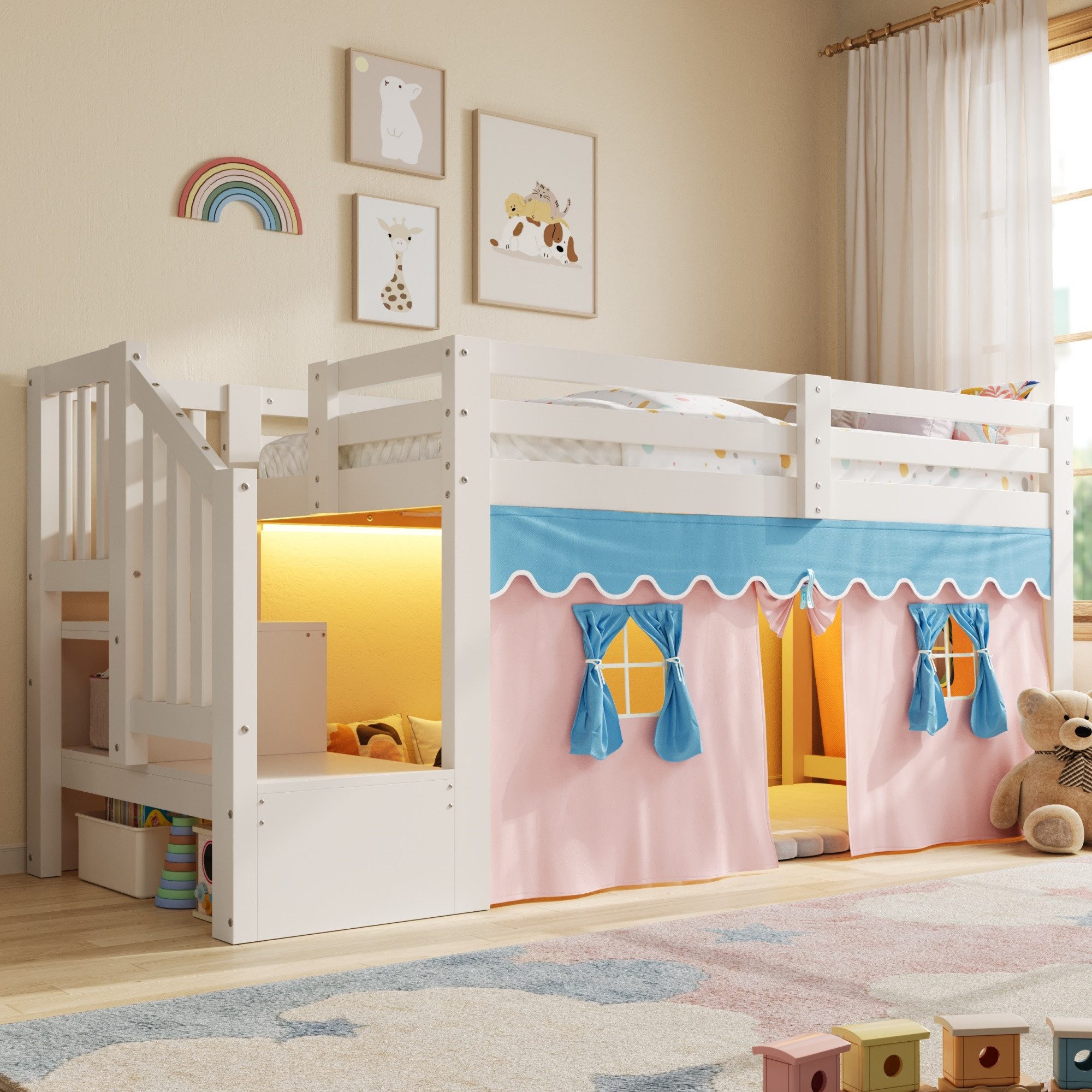 Flieks Kinderbett, Halbhohes Bett 90x200cm mit Verdunkelungsvorhänge und LED-Lichtleiste