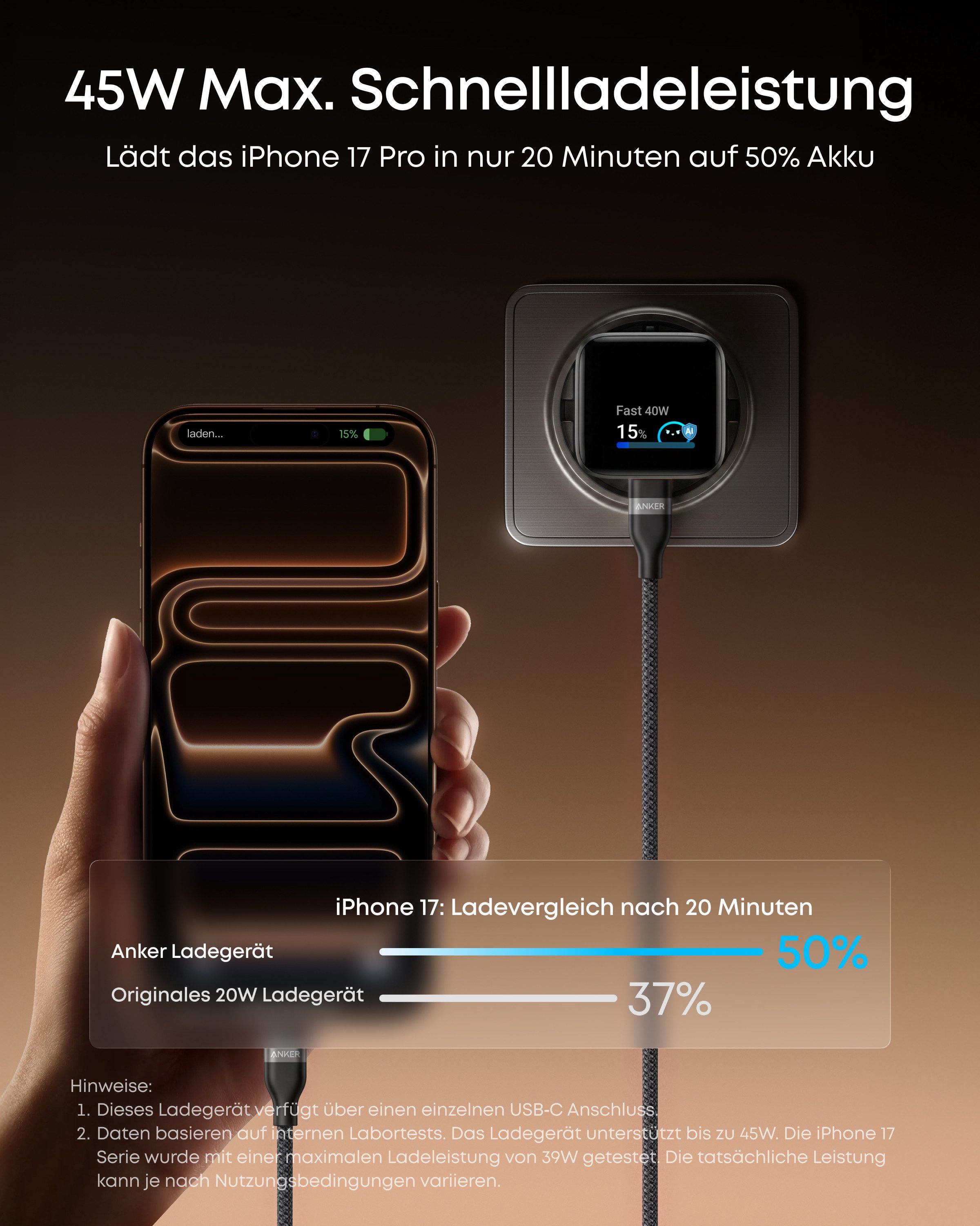 Anker Anker Nano 45W USB C Ladegerät mit Smart Display für iPhone Schnelllade-Gerät (GaN Ladegerät für iPhone 17 Pro Max iPhone 17/16/15 Serie) – Bild 3 von 5