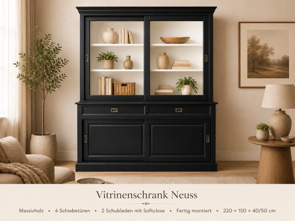 Wohnpalast Vitrine Landhaus Vitrinenschrank Neuss 150 cm Schwarz -Weiß Buffetschrank