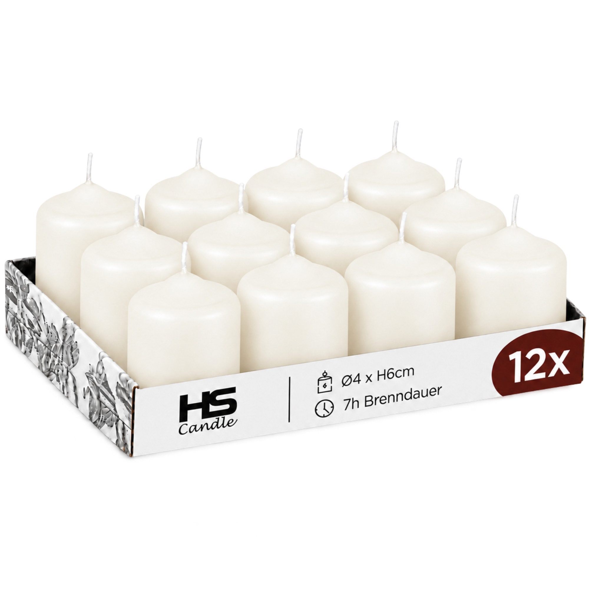 HS Candle Stumpenkerze Set kompakt und unparfümiert, Ø4cm x H6 cm (12-tlg., Dekolicht), bis zu 7h Brenndauer je Kerze, Wachsmischung, Made in EU