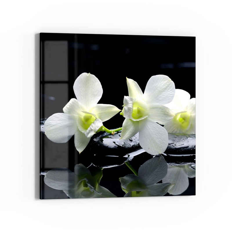 DEQORI Glasbild 'Orchidee mit Zen-Steinen', 'Orchidee mit Zen-Steinen', Glas Wandbild Bild schwebend modern