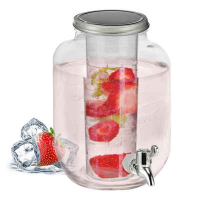 Oramics Getränkespender 4L Getränkespender mit Früchte Eiswürfel Einsatz Zapfhahn und Deckel, Wasserspender Glasbehälter Karaffe mit Kühleinsatz für Kaltgetränke