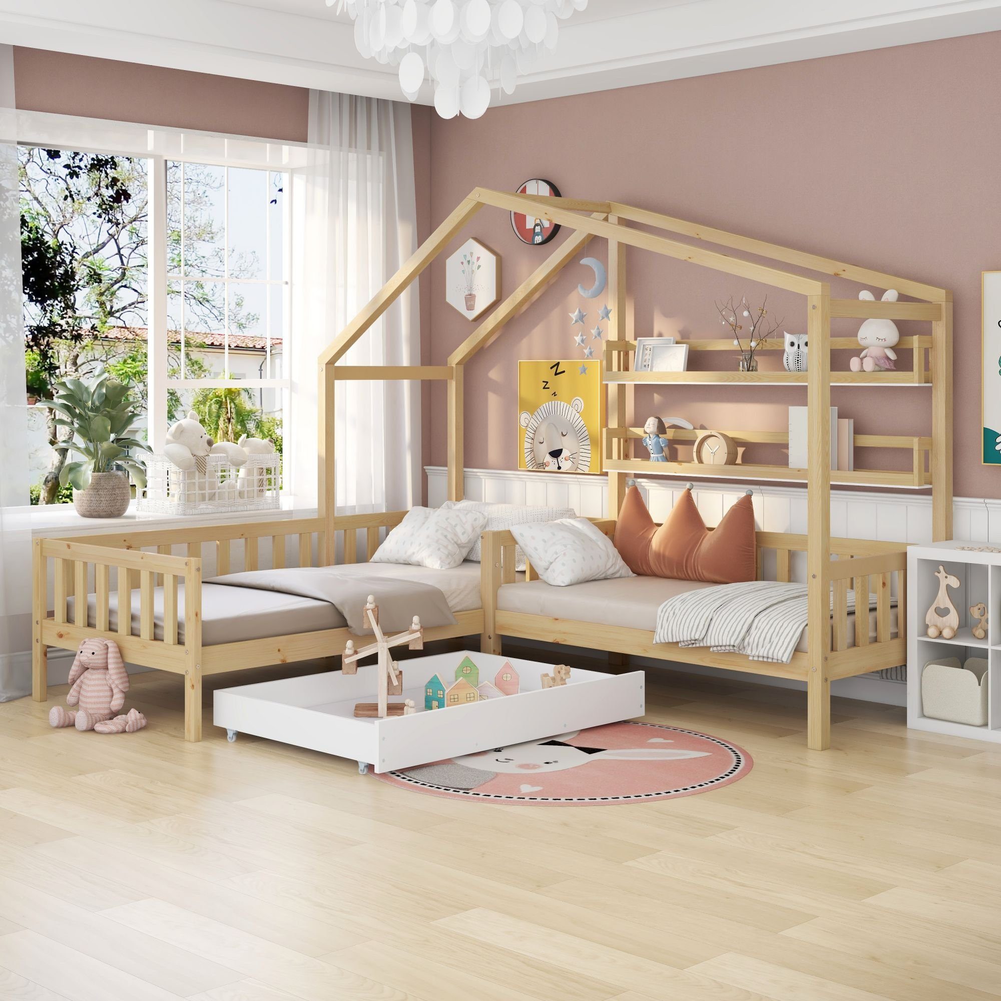 Kinderbett (1-tlg., Hausbett mit 2. Schlafgelegenheit, 90x200 cm, 70x140cm), Einzelbett mit Schublade, Regalen, Lattenrost, Zaun und Rausfallschutz