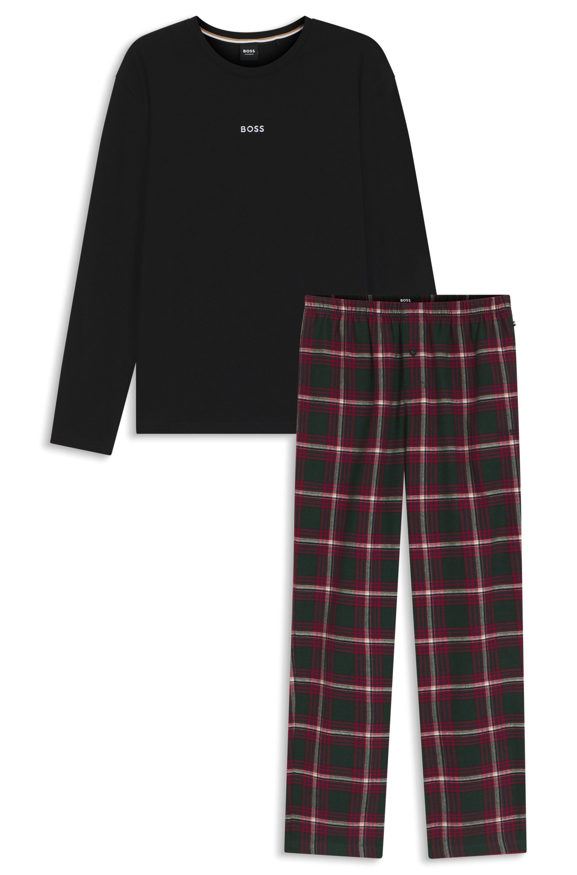BOSS Pyjama Holiday Neuheit, Oberteil mit Knöpfen, Hose mit elastischem Bund, kariert