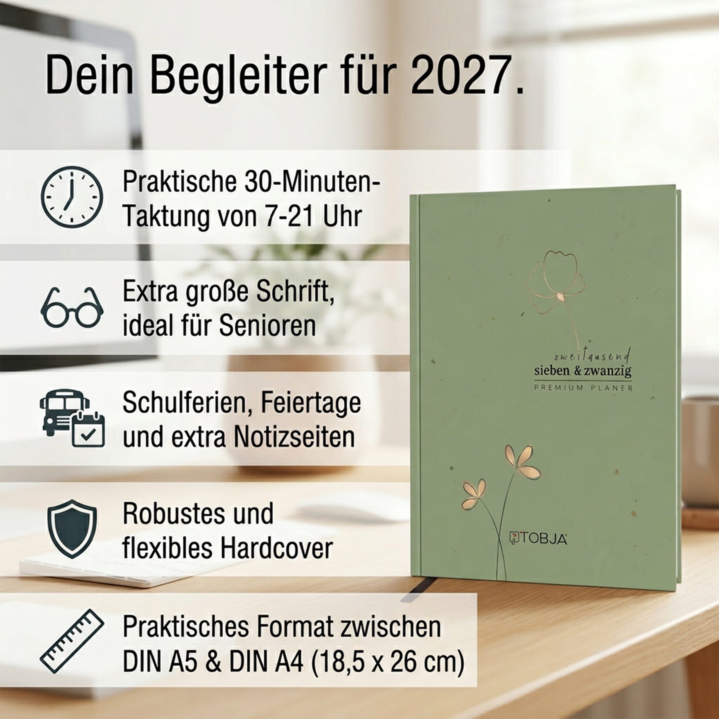 TOBJA Buchkalender Buchkalender 2027 Wochenplaner salbeigrün Skandi OptiPlaner Sage FSC, Salbeigrün, Roségold-Blumen, 30-Min-Taktung, 18,5x26 cm, FSC – Bild 2 von 5