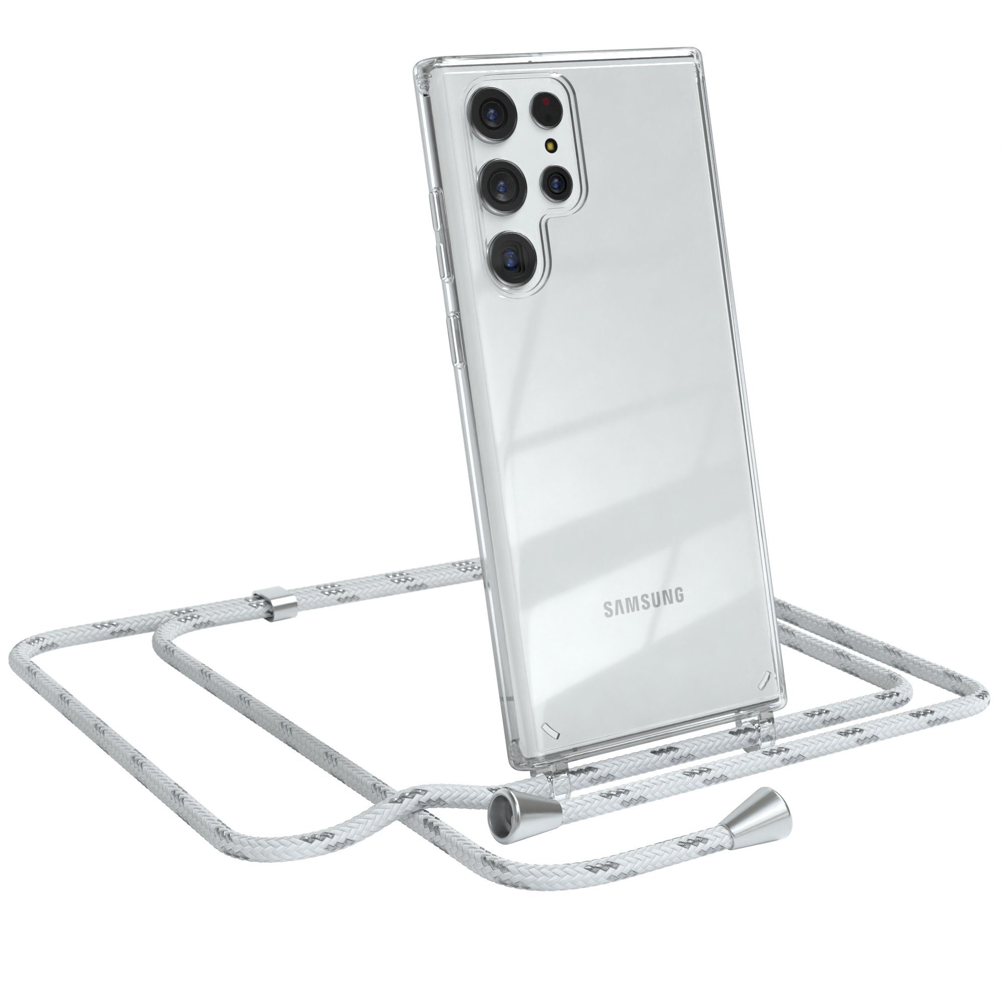 EAZY CASE Handykette Hülle mit Kette für Samsung Galaxy S22 Ultra 5G 6,8 Zoll, Hülle Smartphonekette für Unterwegs Festivalhülle Transparent Weiß