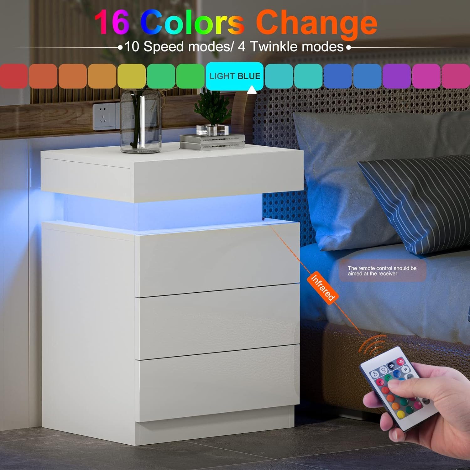 oyajia Nachttisch Hochglanz Nachtschrank mit 2 Schubladen,LED-Beleuchtung 16 Farben (Nachttisch mit LED Streifen, Beistelltisch), Nachttisch mit einstellbare Farben,Sofatisch, 45x35x55 cm Schwarz/Weiß