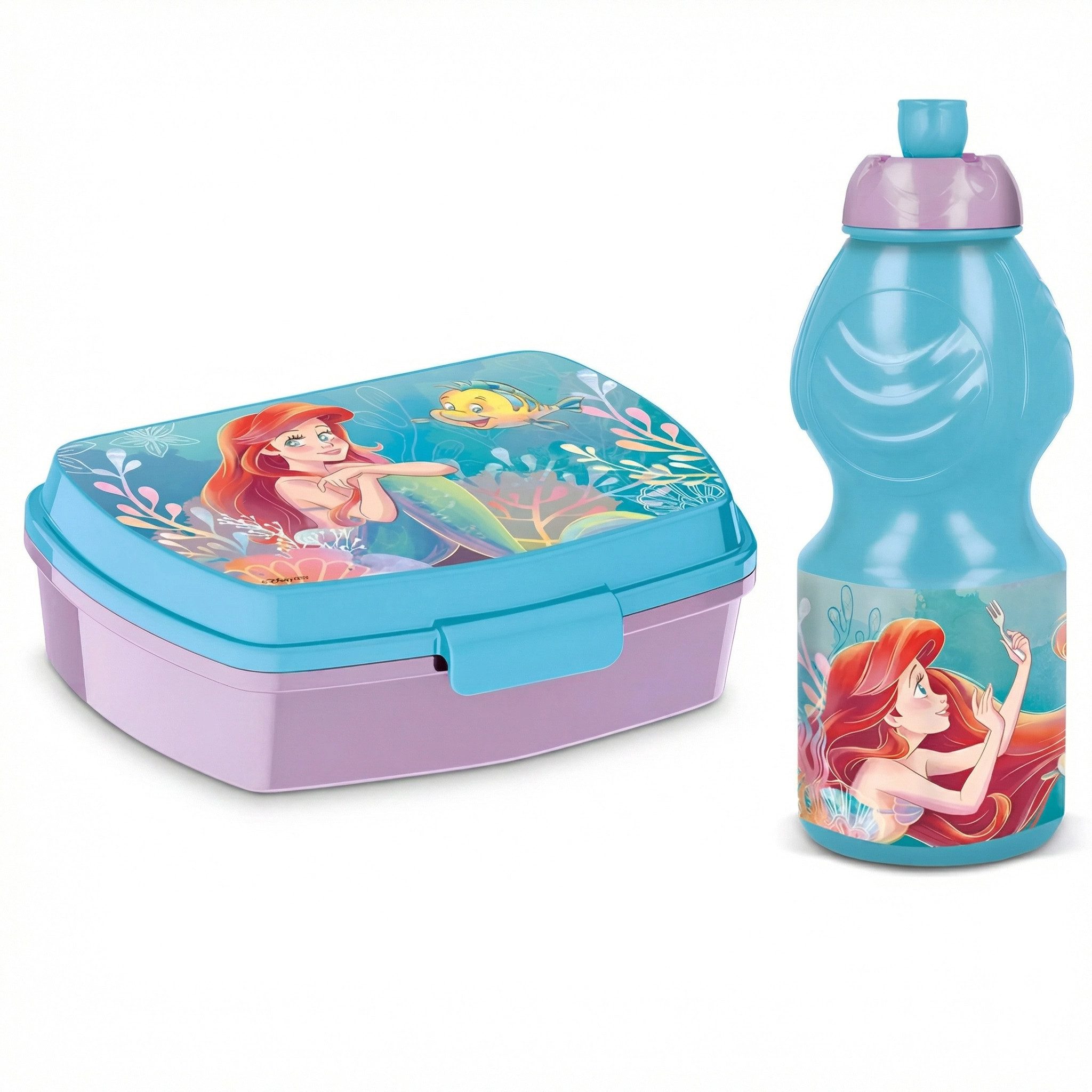 Disney Lunchbox Disney Princess Arielle 2 tlg Set Brotdose 3 Kammern Trinkflasche, (2-tlg., Spar-Set), 400 ml