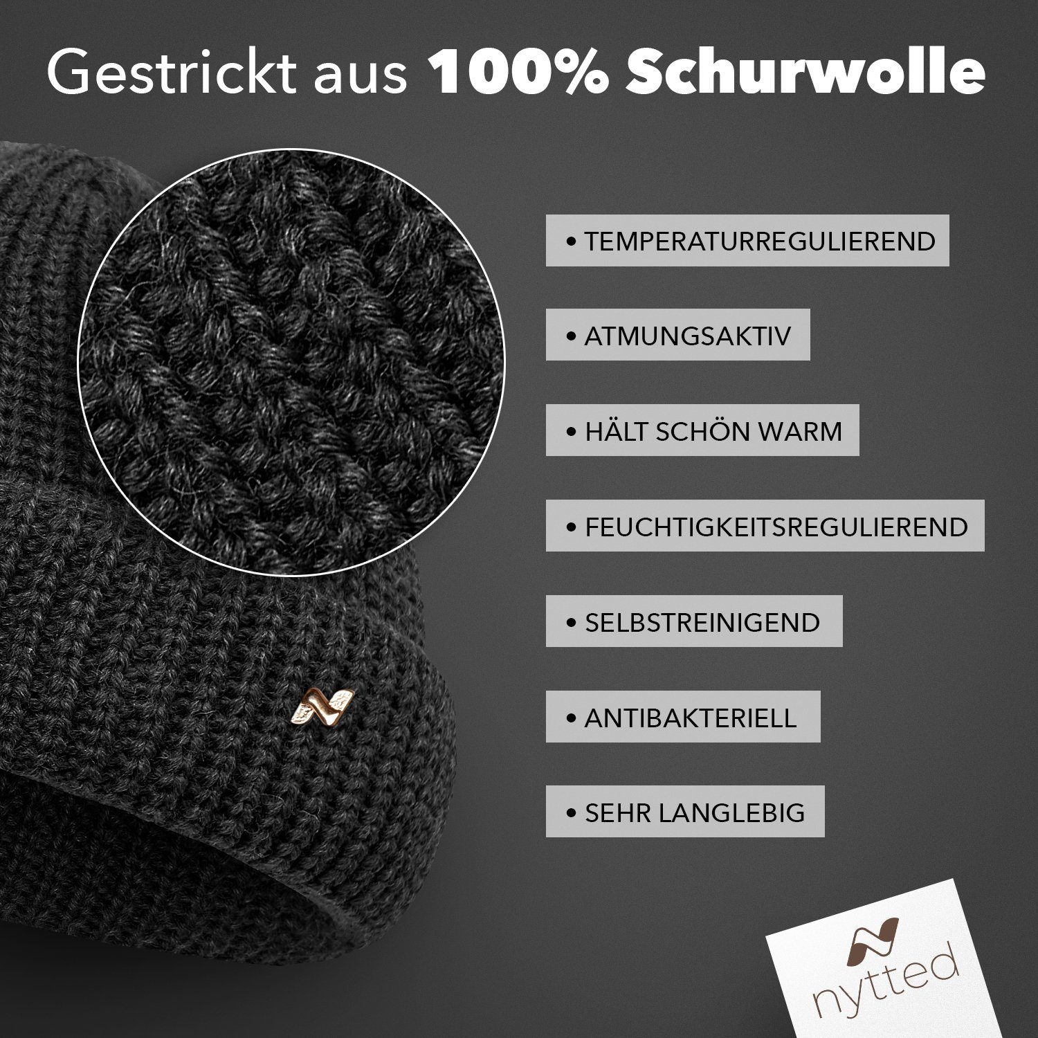 Germany in - anthrazit NYTTED® Wolle 100% - - kurze UNISEX Costeau Made Mütze- Strickmütze