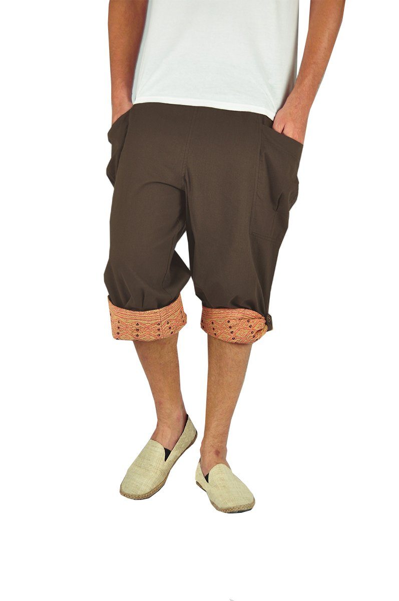 Bund, 3/4 mit braun große kurze Sommerhose Herren Hose Seitentaschen Knöpfen, elastischer Muster Kurze Haremshose Sommer Herren Shorts Hippie ethno virblatt