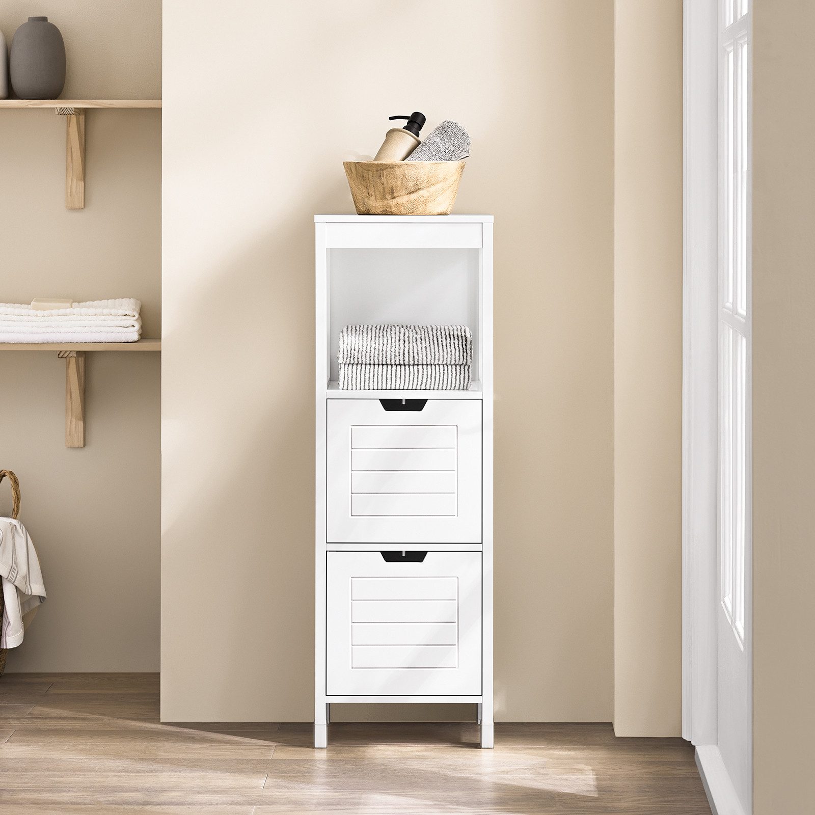 SoBuy Midischrank FRG127, Badezimmerregal mit 2 Körben Badschrank schmal Badregal Badkommode Kommode Badezimmerschrank aus Holz Eckschrank Badezimmer