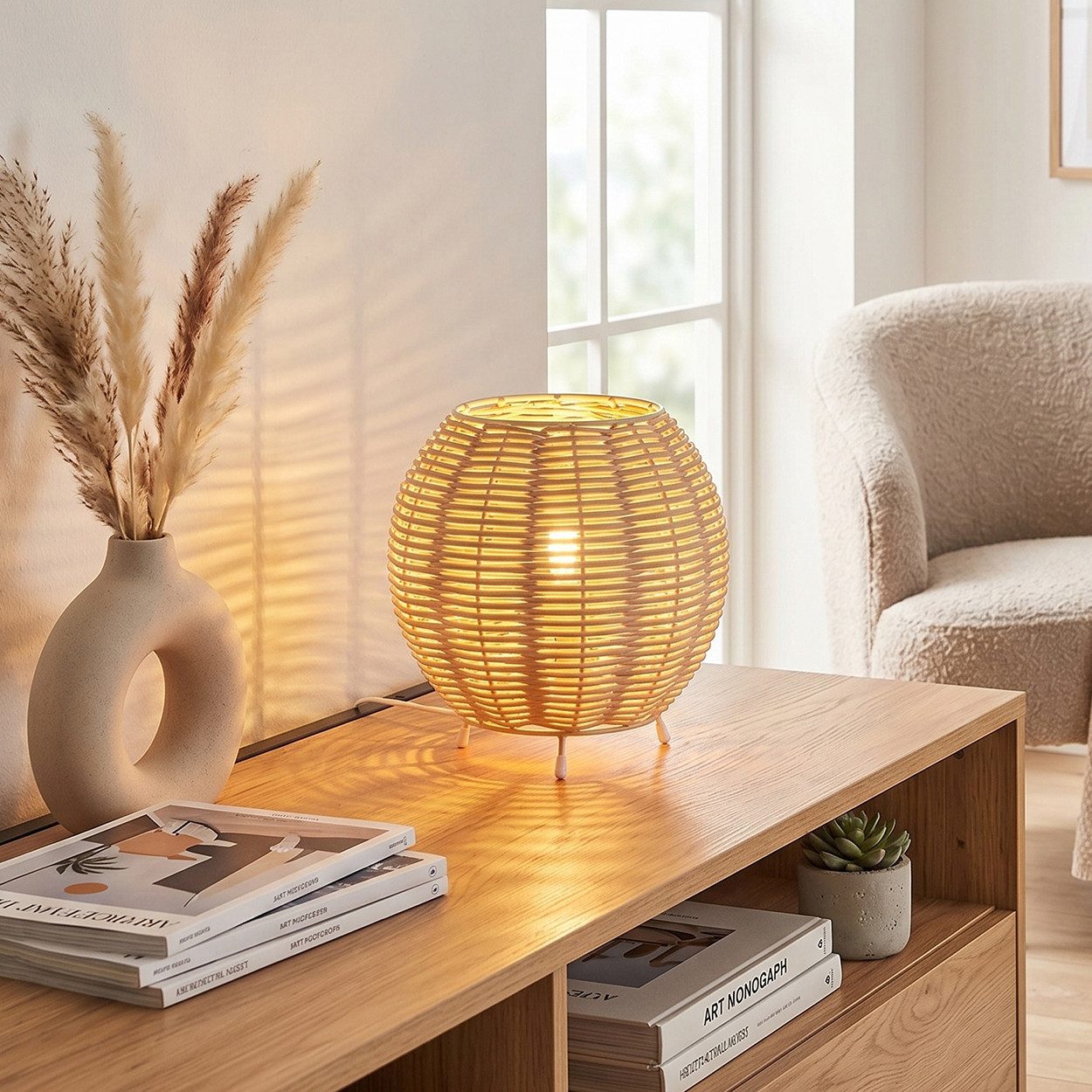 hofstein Tischleuchte Tischlampe aus Metall/Rattan in Beige/Naturfarben, ohne Leuchtmittel, Schirm aus Rattan (16 cm), An/-Auschalter, 1x E14, ohne Leuchtmittel