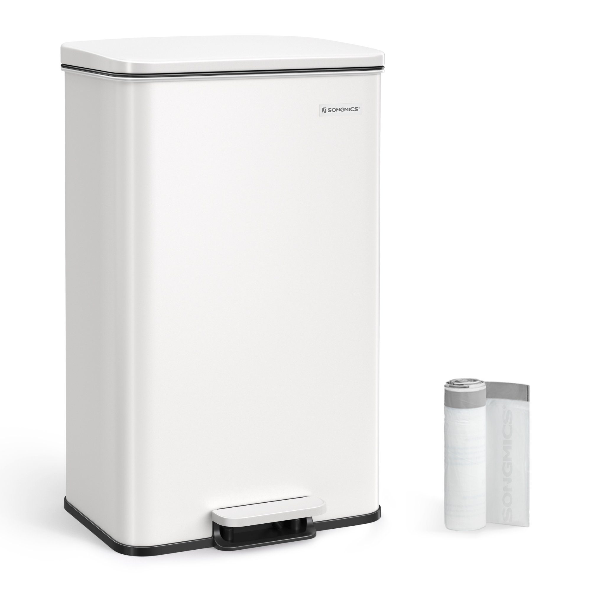 SONGMICS Mülleimer Küche, Abfalleimer, großer Tretmülleimer, mit Deckel, aus Stahl, Softclose, inklusive 15 Müllbeutel, 40 Liter