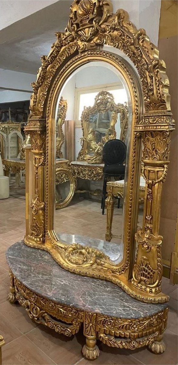 Casa Padrino Barockspiegel Barock Marmorplatte Spiegelkonsole Grau Barock - mit - Konsole mit Edel Gold Spiegel Möbel & Barock Prunkvoll - / Handgefertigte