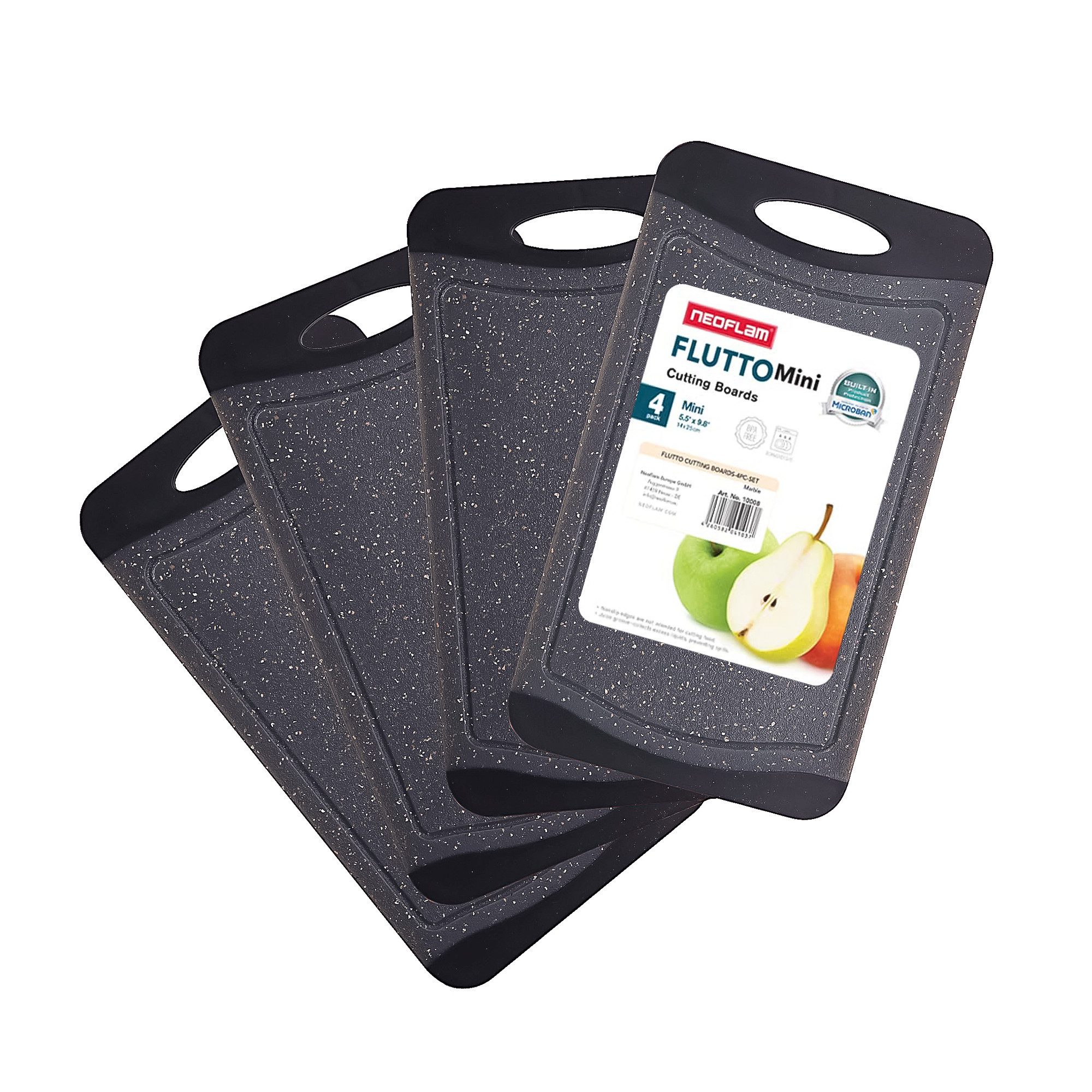 NEOFLAM® Schneidebrett Flutto Antibakterielles Frühstücksbrettchen Set 4tlg. - Granit/Schwarz, Kunststoff (PP), (4-St)