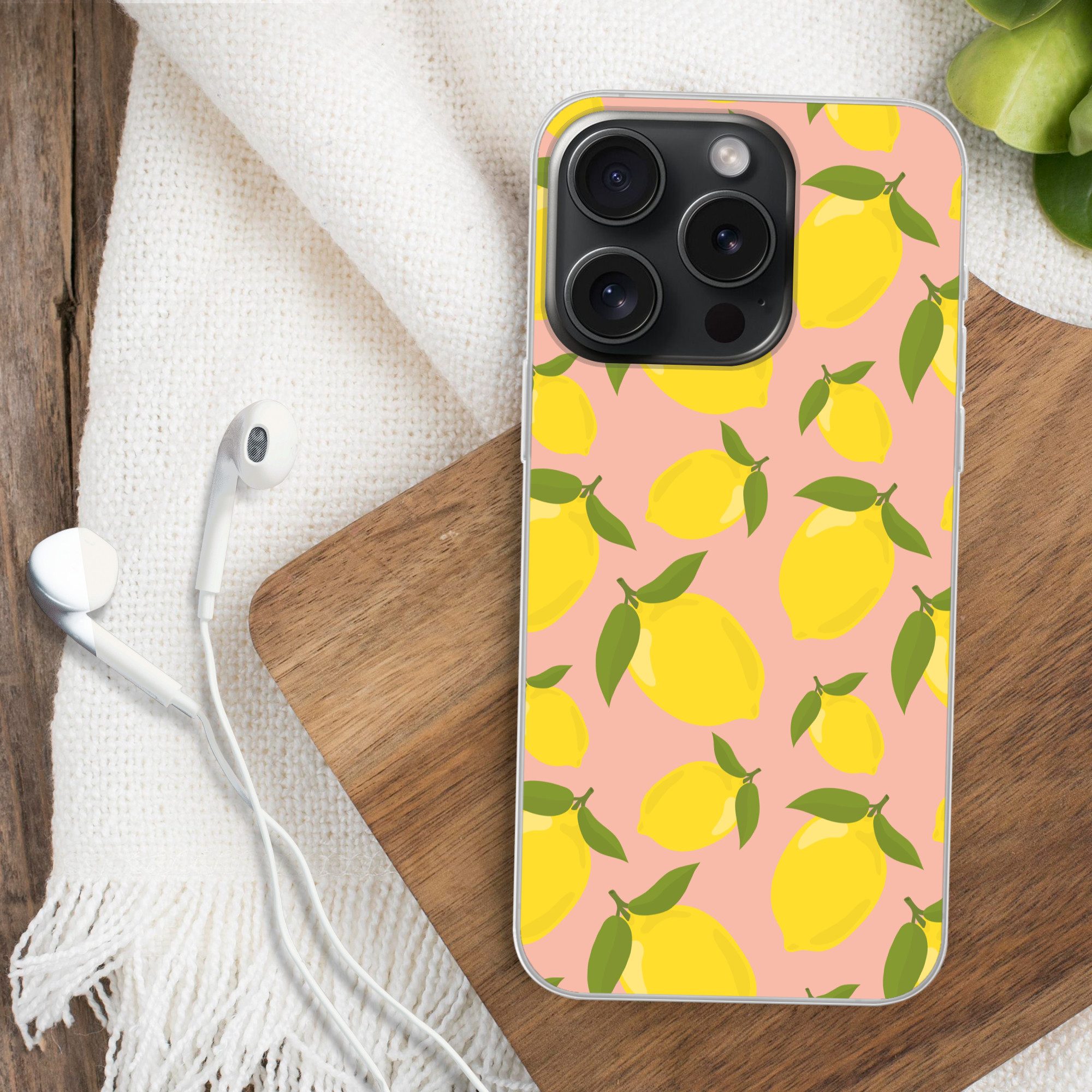 MuchoWow Handyhülle für Apple iPhone 15 Pro Zitronen - Gelb - Rosa - Muster - Obst, Smartphone-Bumper, Print, Handy Schutzhülle Dünn