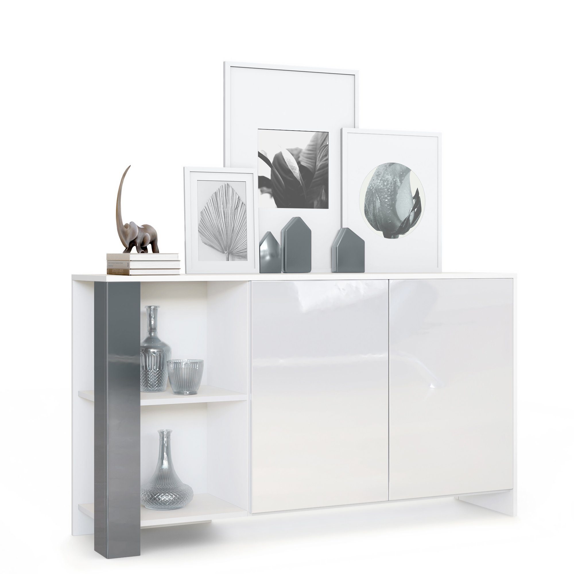 Vladon Sideboard Canto (Sideboard, mit 2 Türen und 6 Fächern), Weiß matt, Weiß Hochglanz, Grau Hochglanz