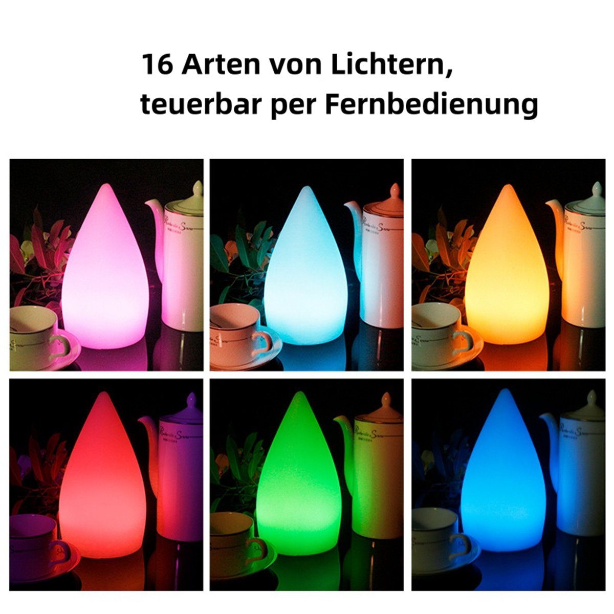 Nachttischlampe RGB, Farben Nachtlicht RGB 16 mit DOPWii Fernbedienung,1500mAh,12*23 cm, Tropfenform,16
