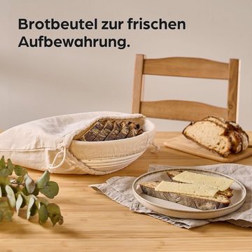 Praknu Gärkorb Für Brot Rund 25 cm 1kg - Gärkörbchen für Brotteig zum Brotbacken, Aus nachhaltigem Rattan - Geruchsneutral - Mit Backutensilien