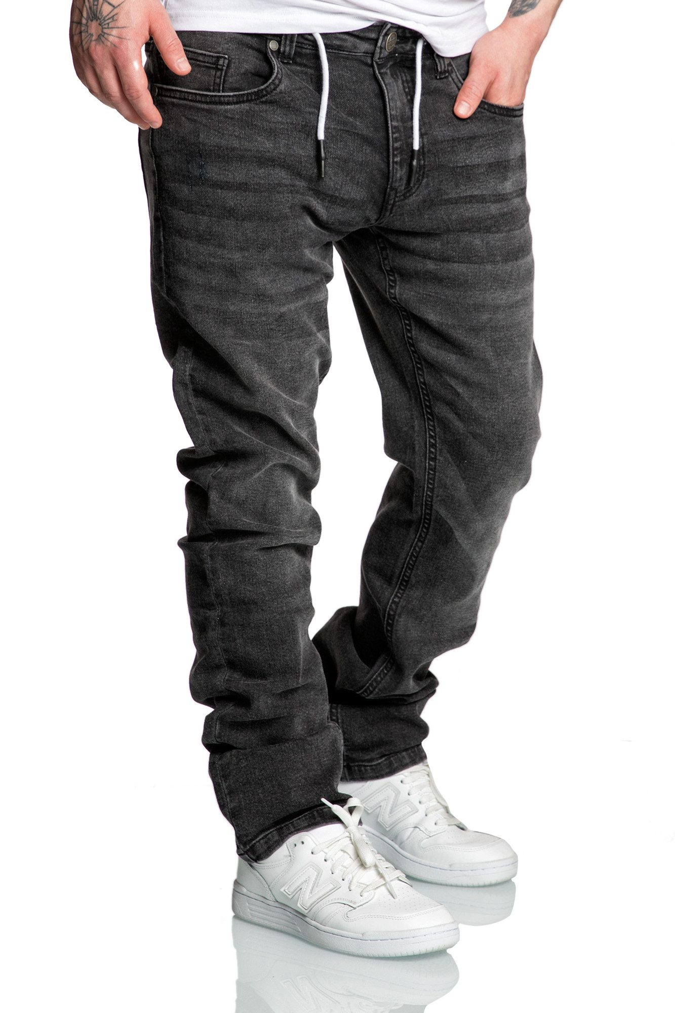 Amaci&Sons Straight-Jeans COPPELL Sweathose im Denim Look Herren Sweathose in Stretch Denim Basic Jeans Kordel – Bild 4 von 5