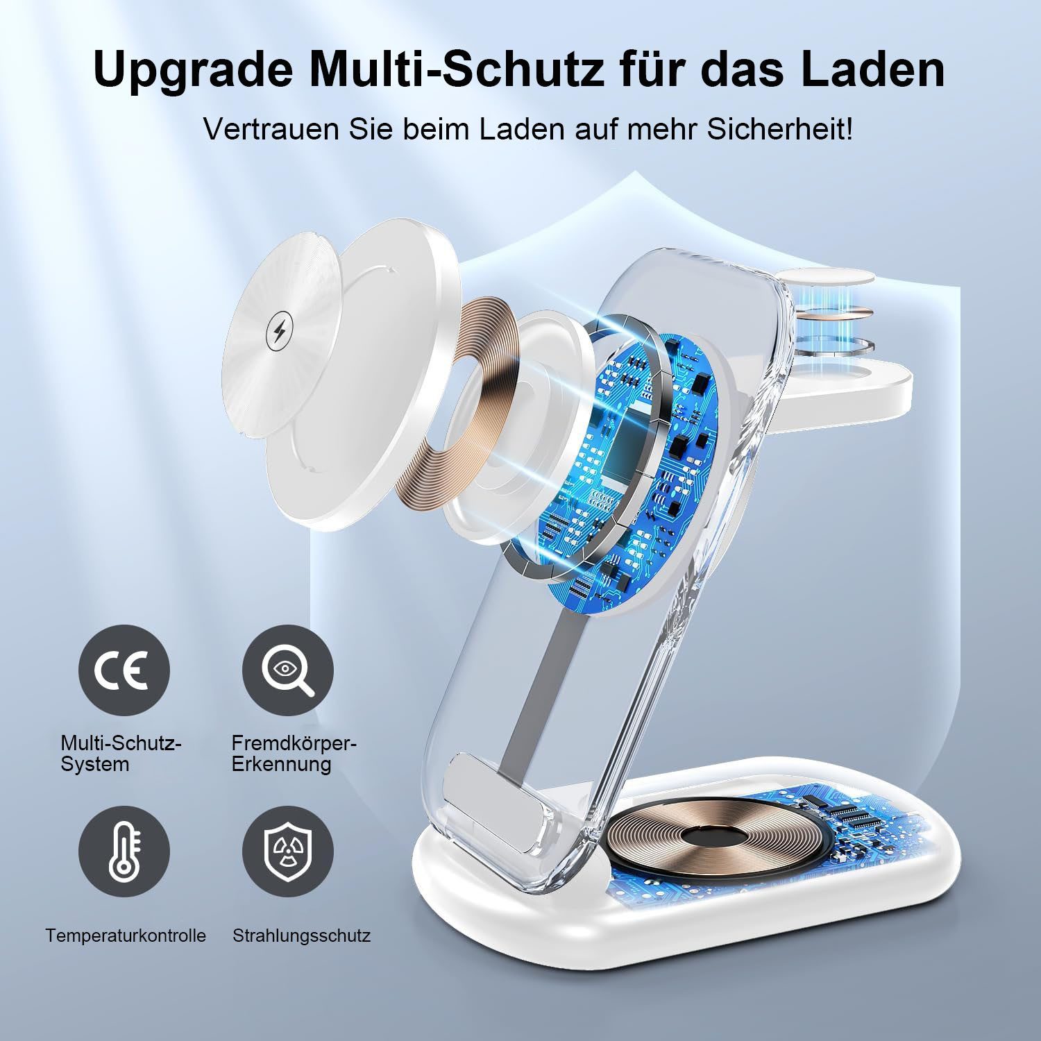 Futicare 3 in 1 Induktive Ladegerät, Wireless Charger Ladestation Wireless Charger (Induktions-Ladegerät, Magnetisches faltbares kabelloses Ladegerät mit Nachtlicht, für iPhone 12 bis 17, Apple Watch & AirPods)