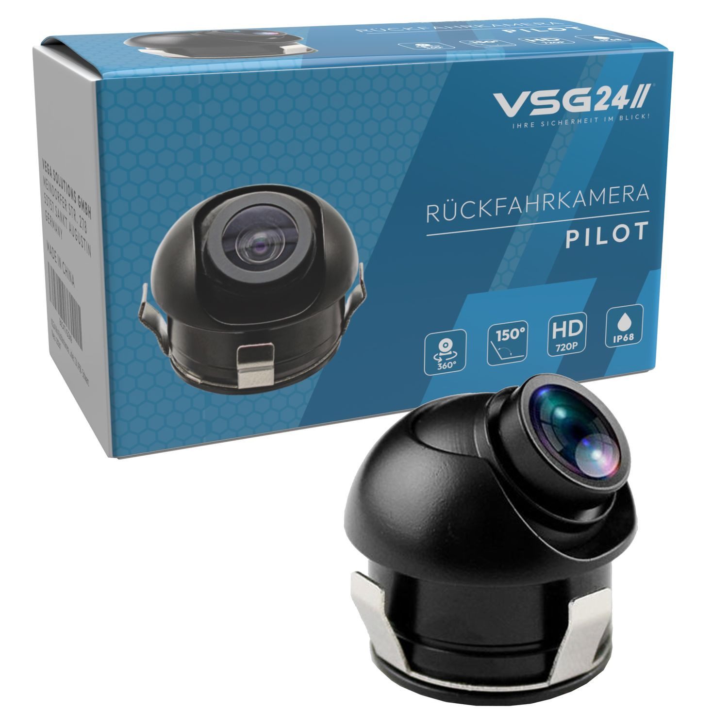VSG24 Rückfahrkamera PILOT HD Kompakt-Kamera für PKW mit 150° Blickwinkel Rückfahrkamera (360° Grad flexibel positionierbar, Parklinien, 720P HD Auflösung)