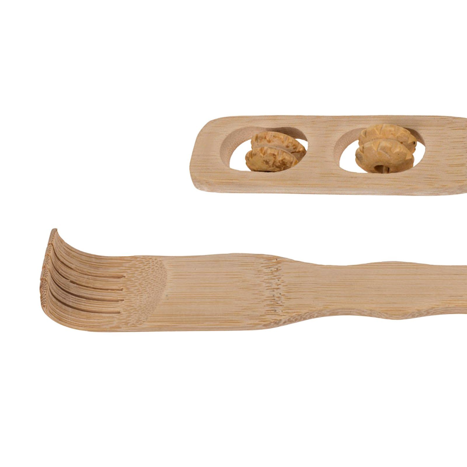 HAC24 Massagegerät Rückenkratzer Bambus Kratzhilfe Kratzhand Rückenmassage, Set 2-tlg., mit Massagerollen, 46 cm