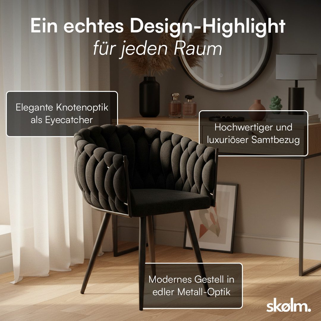 skølm Esszimmerstuhl Sudri mit Samtbezug gepolstert (2er Set, schwarz, Metalllgestell), Armlehnenstühle in Flecht-Look, verfügbar als 4er/6er Set