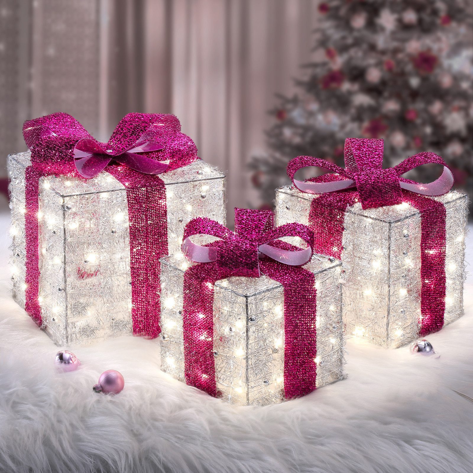 Quntis Weihnachtsfigur Geschenkbox Weihnachten 3er Set, Weihnachtsdeko mit LED & Timer (Set, 1 St., 3tlg), 70 warmweiße LEDs, Weihnachtenbox Beleuchtete für Weihnachtsbaum/Innen