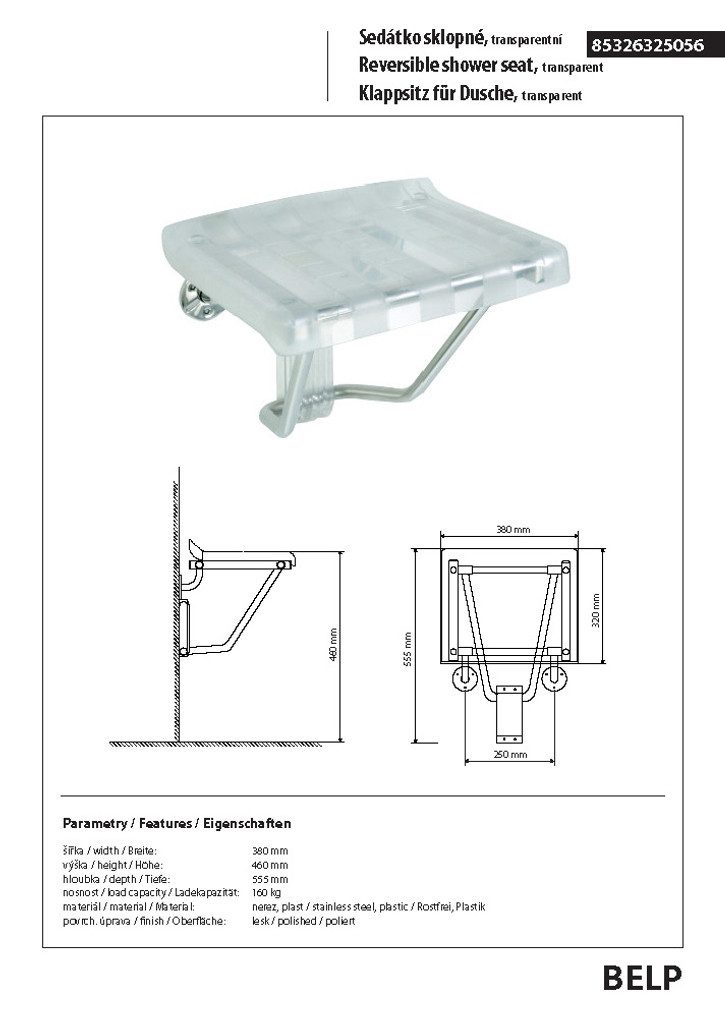 BRILLANTBAD® Duschhocker BELP Duschklappsitz Edelstahl poliert Kunststoff Bad & WC >> Bohren
