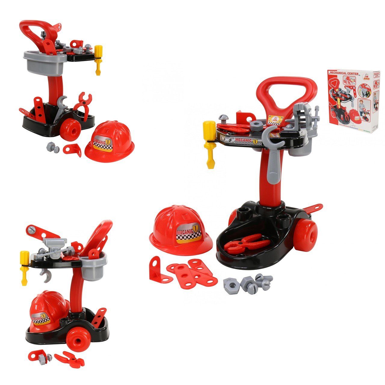 Polesie Spielwerkzeug Kinder Mechaniker-Set 36612, Werkzeugwagen Zange Schraubenzieher Helm