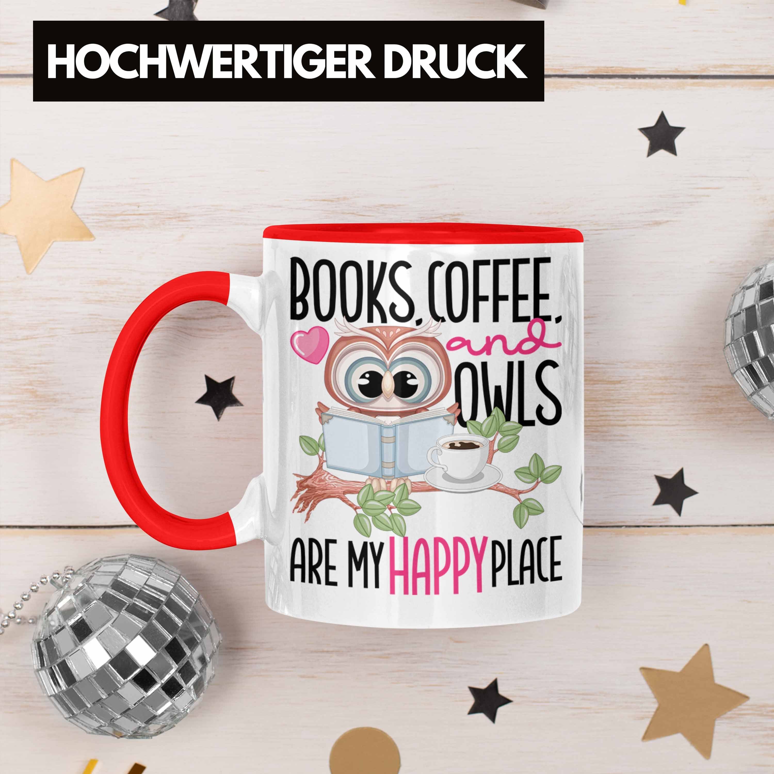 Leseratte Happy Place Bücher Eulen Bücher Lesen Rot Trendation Kaffee Geschenk Tasse Tasse