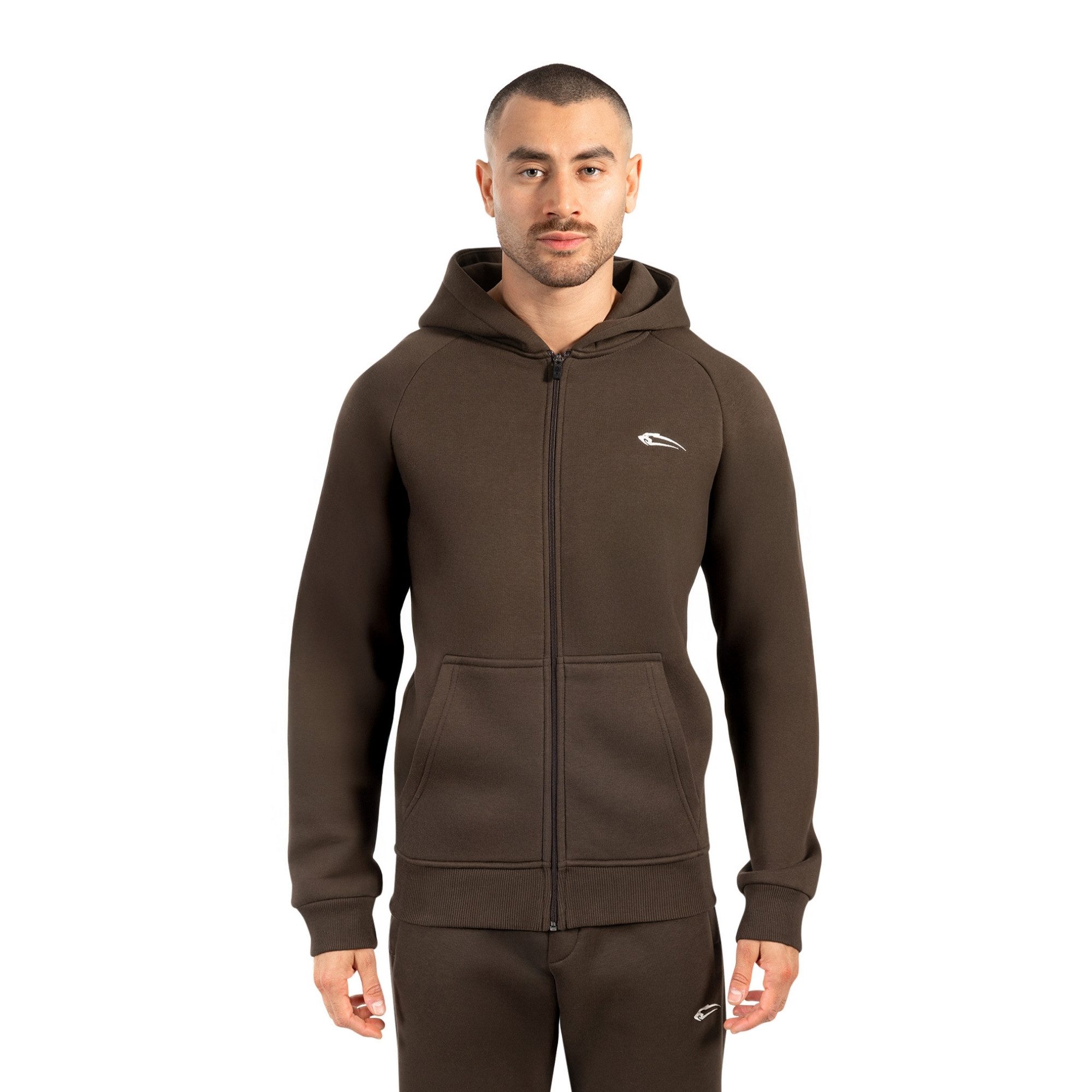 Kapuzenstrickjacke Yassin, Zip Hoodie mit Logo, leicht überschnittene Schultern