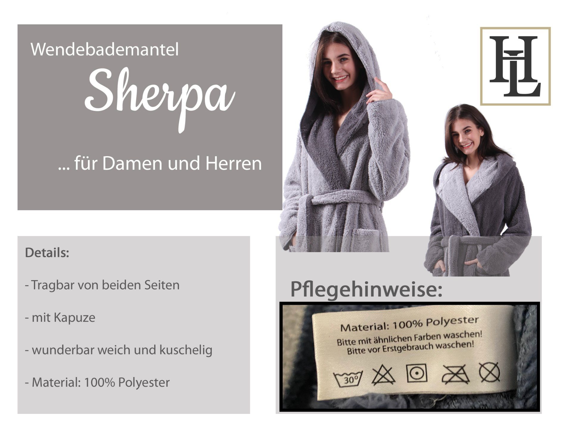 Lammfell-Optik Polyester Damen/Herren, HOMELEVEL Kapuze Dunkelgrau - Wende Bademantel - Bademantel Sherpa -