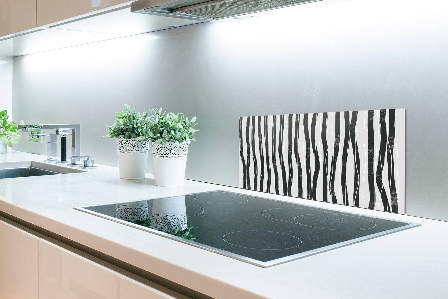 MuchoWow Küchenrückwand Kunst - Abstrakt Wandschutz, und Schmutzflecken Schwarz Linien Weiß, - Fett Küchen - cm, - gegen (1-tlg), 60x30 für