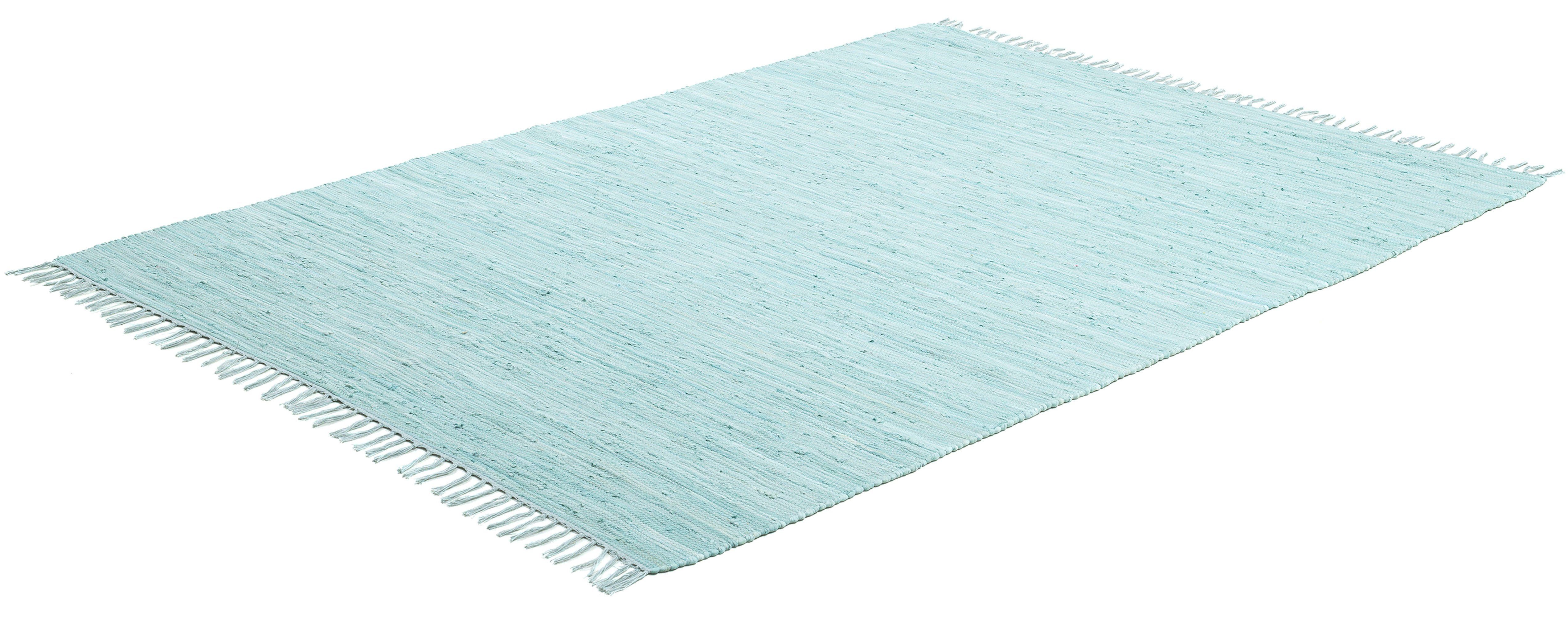 Teppich Happy Cotton, THEKO, Höhe: reine Fransen Baumwolle, 5 rechteckig, Flachgewebe, mm, Handweb Teppich, handgewebt, mit hellblau
