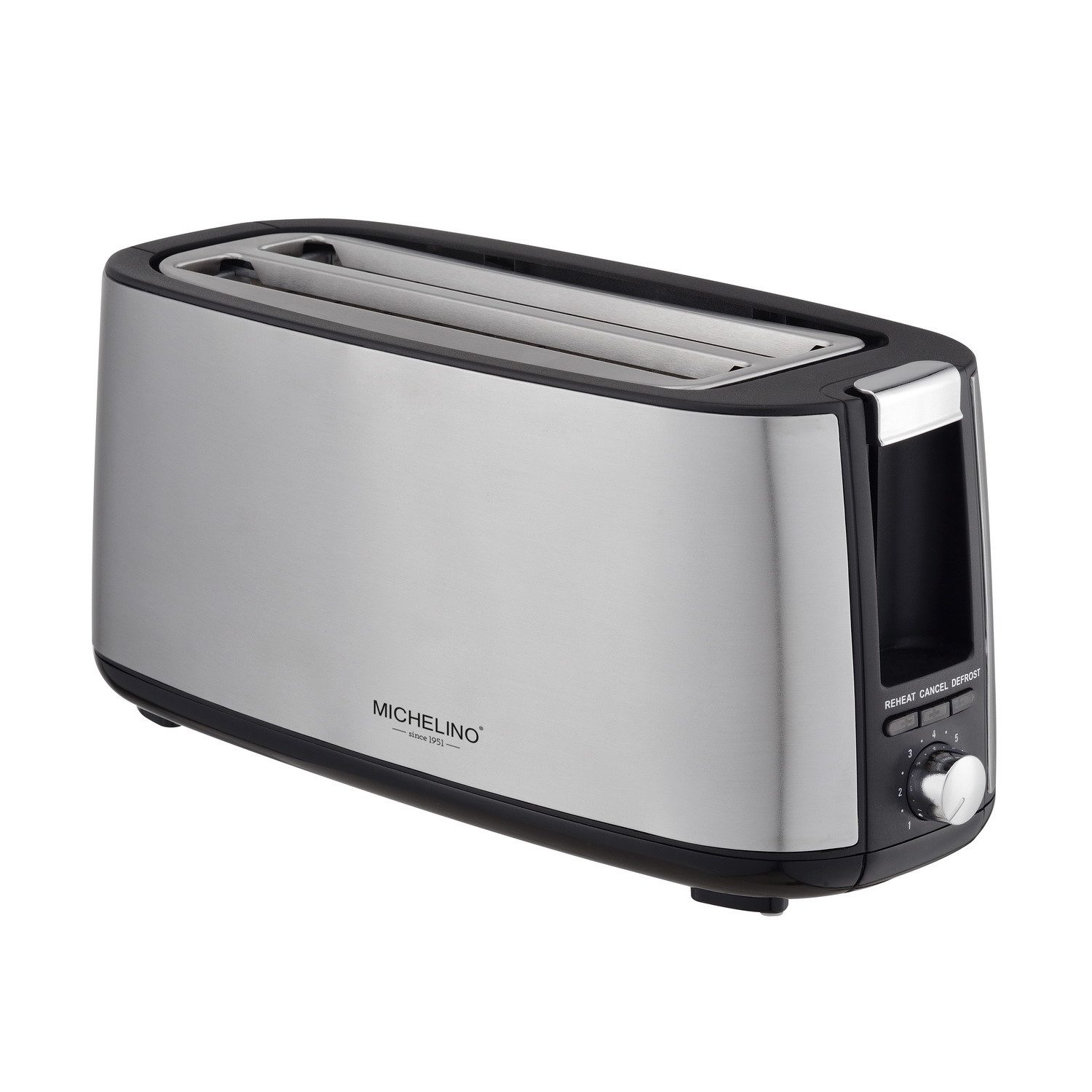 Michelino Toaster Edelstahl 4-Scheiben Langschlitz-Toastautomat Langschlitztoaster, 2 lange Schlitze, Brötchenausatz, Krümelschublade