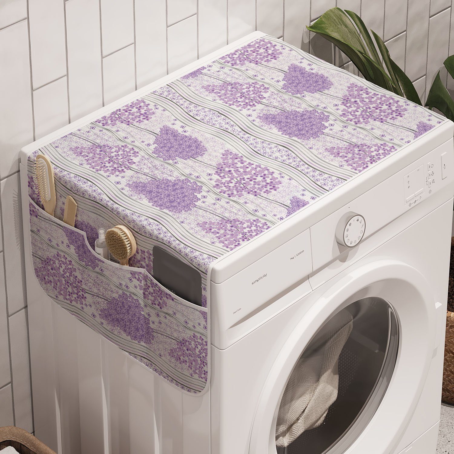 Abakuhaus Badorganizer Anti-Rutsch-Stoffabdeckung für Waschmaschine und Trockner, Blumen Lila Blumen Curly Stripes